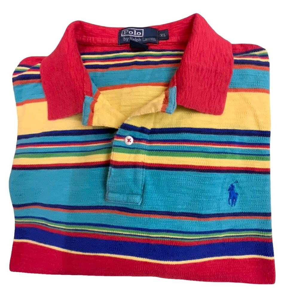VINTAGE Polo Ralph Lauren Shirt Blue Yellow Red Aztec Southwest Striped, Size XL